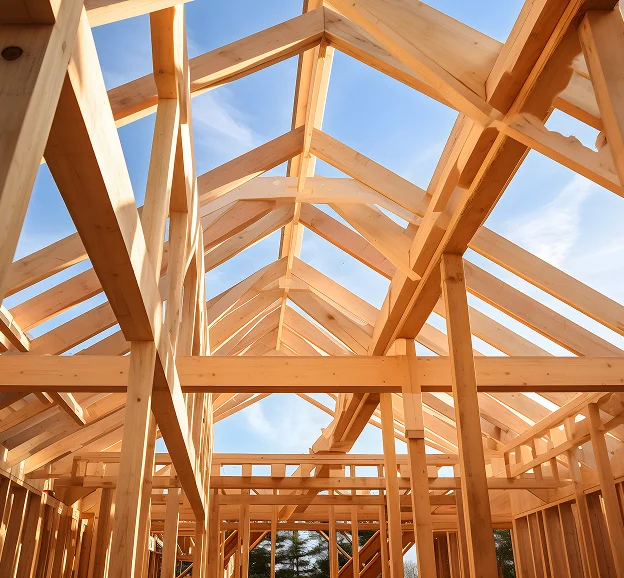 Charpente en bois d'une maison en construction, ciel bleu en arrière-plan à Sartrouville dans les Yvelines 78