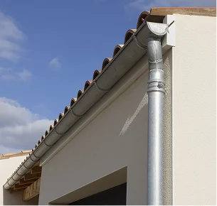 Gouttière et tuyau de descente gris sur un mur de bâtiment clair sous un ciel bleu à Sartrouville dans les Yvelines 78